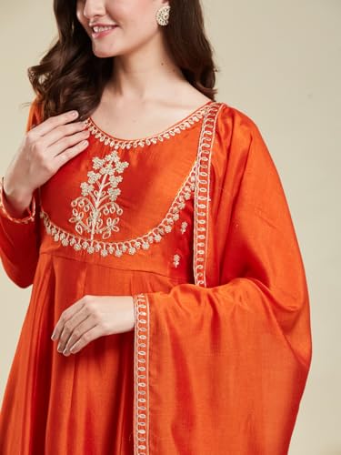 Image of MOKOSH Women's Silk Embroidery Anakrali Kurta Pant with Dupatta | Anarkali Kurta Set | Round Neck Full Sleeve Ethnic Suit | Floral Kurta 7 Colour Option Available | 3 Piece Outfit