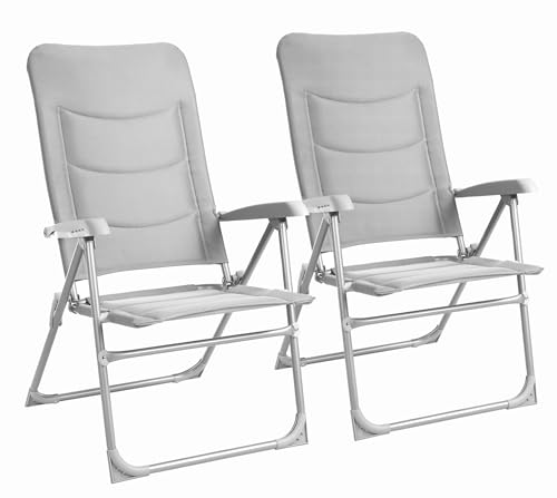 LIFERUN 2er Set Gartenstühle Hochlehner Gepolstert, 6-Fach Verstellbarer Balkonstuhl Alu, Komfort Klappstuhl bis 150kg mit Kopfstütze, Esszimmerstuhl für Terrasse & Außen Wohnmobil Camping, Hellgrau