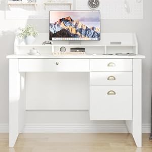 4 EVER WINNER White Desk with Drawers, Small Computer Desk with Drawers, Home Office Desk with Monitor Stand, Study Desk for Small Spaces, White 4 EVER WINNER White Desk with Drawers Small Computer Desk with Drawers Home Office Desk with Monitor Stand Study Desk for Small Spaces White