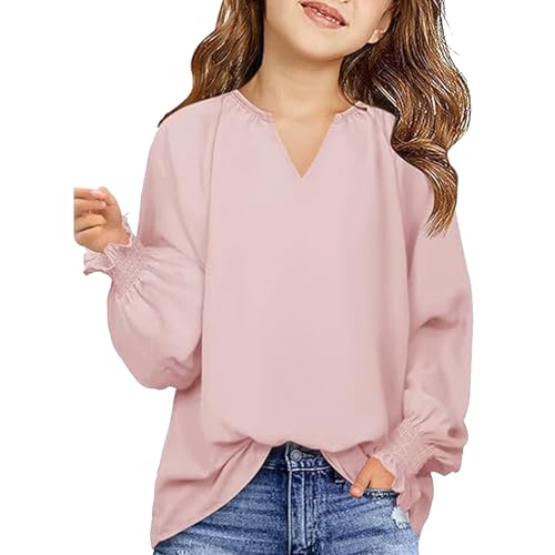 Girls' Long Sleeve Tee Solid Color Loose Fit Casual Top Lightweight V-Neck Ruffle Cuffs Soft Tunic for Kids
