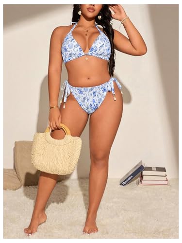 Maillot de bain grande taille dos nu et string réglable bleu et blanc - 5