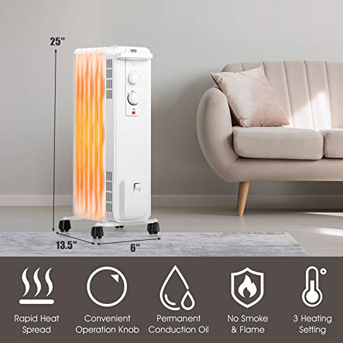 Tangkula 1500W Oil Filled Radiator Heater, Portable Space Heater Radiator W/ 3 Heating Modes & Adjustable Thermostat, Oil Radiant Heater W/ Tip-Over & Overheat Protection, Ideal For Home & Office (White) #TOP2