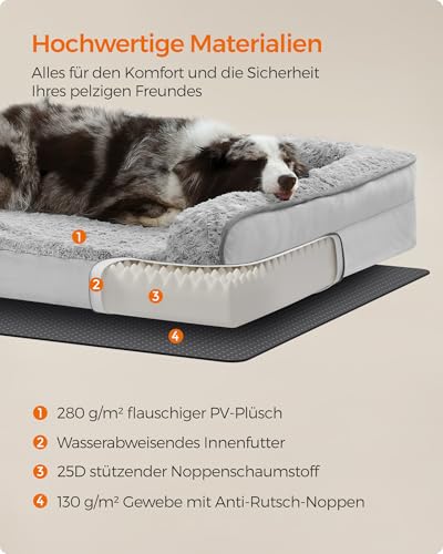 Feandrea Orthopädisches Hundebett für große Hunde, wasserdichtes Hundesofa mit abnehmbarem Plüsch-Bezug, 106 x 76 x 16 cm, Taubengrau PGW253G01
