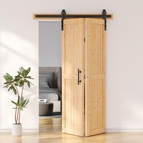 SKYSEN 48' X 84' Bifold Barn Door with 52' Bifold Barn Door Hardware Kit, Including Handle and Pulls, Unfinished Solid Spruce Wood Panel, Pre-Drilled and Assembled(48 * 84-52-fold)