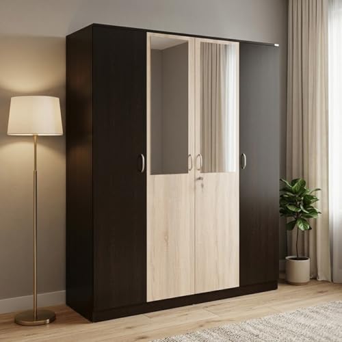 Nilkamal Willy Neo 4 Door Wooden Wardrobe with Mirror for Bedroom | Almirah with 7 Shelves, 2 Hanging Rods, 1 Lockable Drawer | Clothes Cupboard | Engineered Wood | Wenge & Sonoma Oak