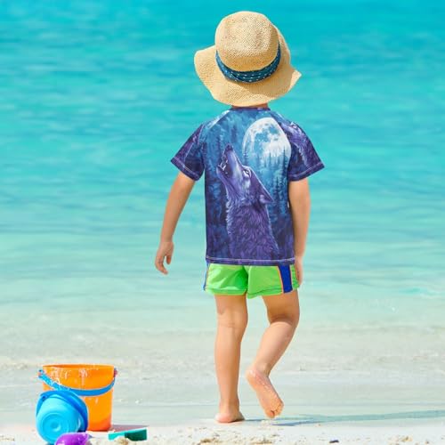 Boys Short Sleeve T-Shirts Wolf Lunar Portrait Rashguard Kids Swim Shirts Sun UPF 50+4