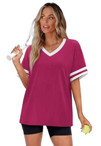 Image of WIHOLL Womens T Shirts Loose Fit Short Sleeve Tees V Neck Color Block Summer Tops 2026 Fashion S-4XL