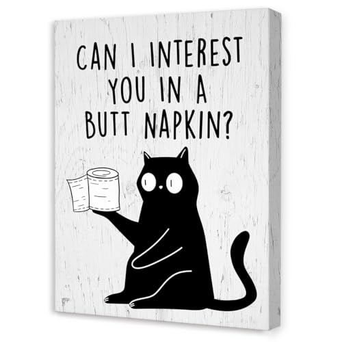 Funny Black Cat Bathroom Wall Art,Humorous Bathroom Quotes Can I Interest You in a Butt Napkin Canvas Wall Decor for Toilet Restroom Washroom