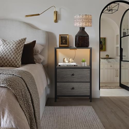 Image of BOLUO Gray Nightstand with Charging Station, LED Night Stand with 2 Fabric Drawers, Bedside Table with USB Ports and Outlets, Nightstand for Bedroom Modern