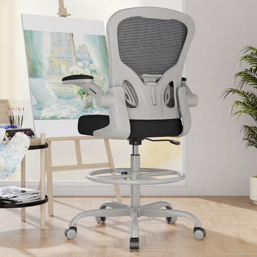 Image of Synorla Ergonomic Drafting Chair, Tall Mesh Office Chair with Flip-up Armrests, Lumbar Support Adjustable Footrest Ring for Standing Desk Gray Pink