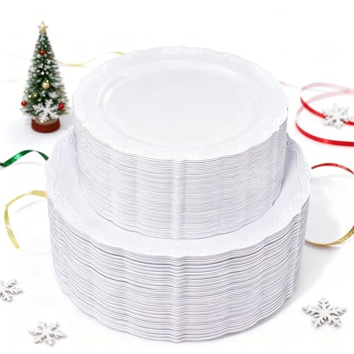 U-QE 100 Pieces White Plastic Plates - White Disposable Plates - Premium Hard Plastic Disposable Plates for Christmas and Party Use Including 50 Dinner Plates 10 '' & 50 Dessert Plates 7.5 '' U-QE 100 Pieces White Plastic Plates - White Disposable Plates - Premium Hard Plastic Disposable Plates for Christmas and Party Use Including 50 Dinner Plates 10 '' & 50 Dessert Plates 7.5 ''