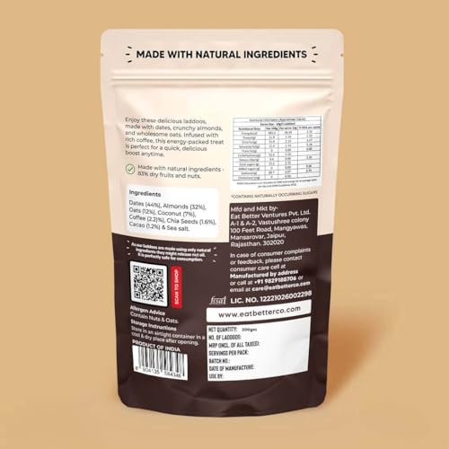Image of EAT BETTER CO - Coffee & Almond Sugar-Free Laddoos | Energy-Bar Replacement | 95% Dry-Fruits | High Protein & Instant Energy, Pack Of 60 - Healthy Chocolate No Added Sugar, 200 Gram