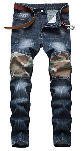 OKilr Pjik Men's Fashion Caom Printing Patched Regular Slim Fit Casual Wash Denim Jeans Pants Dark Blue 38