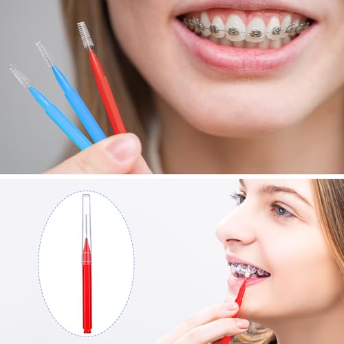 Image of Patelai 100 Pieces Braces Dental Brush for Cleaner Interdental Toothpick Dental Tooth Flossing Head Oral Hygiene Flosser Toothpick Cleaners Tooth Tool(Blue, Red,Suitable Size)