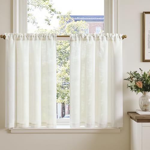 TOPICK Bistrogardine für Wohnzimmer Scheibengardinen 2er Set H90xB90 cm Küche Kleine Fenster Lichtdurchlässig Gardinen Moderne Landhaus Leinenoptik Küchenvorhänge Kurz Tunnelzug Cream Weiß