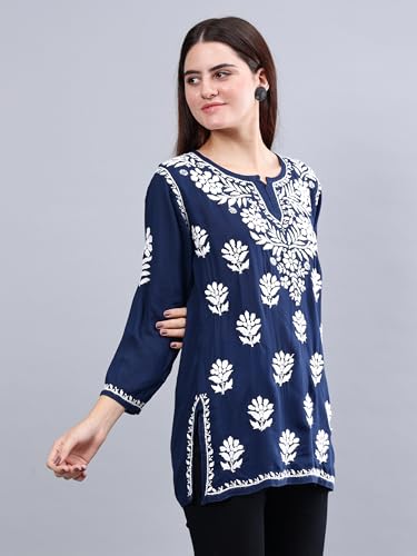 Image of Seva Chikan Hand Embroidered Lucknowi Chikankari Modal Short Top for Women SCL9147