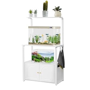 40 Gallon Fish Tank Stand with Storage Cabinet, 5-10 Gallon Fish Tank Stand, Aquarium Stand 20 Gallon with Power Outlets and Led Light, Turtle/Breeder/Reptile Tank Stand – 458 LBS，White