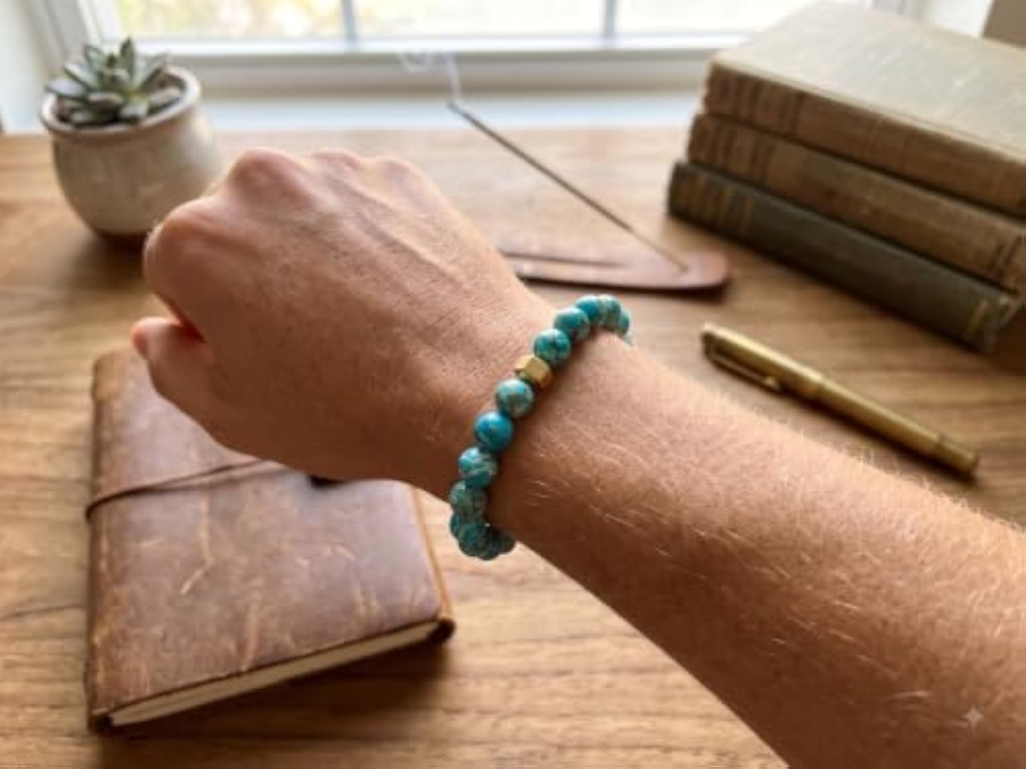Turquoise & Brass Beads Natural Stone Bracelet, Spiritual Gift
