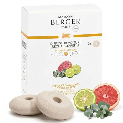 Image of MAISON BERGER Car Diffuser Refill Set, Citrus Breeze | Grapefruit Bergamot Vetiver Notes, 2 Ceramic Inserts, Fits MAISON BERGER Vent Clips, 4-Week Diffusion, Made in France