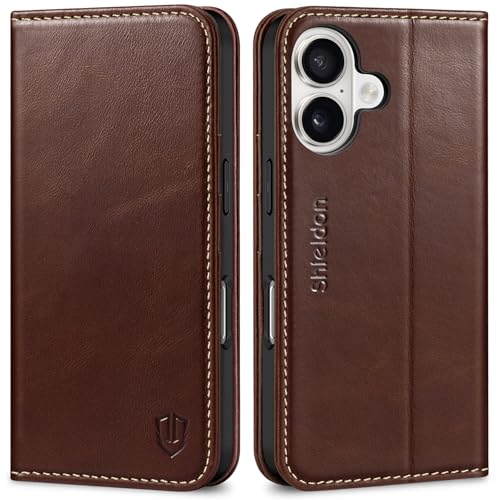 SHIELDON iPhone17対応 手帳型ケース 本革レザー 6.3インチ 5G TPU素材 [RFIDブロッキング] カード収納 横置きスタンド機能 マグネット内蔵 ストラップ穴付き 衝撃吸収 あいふぉん 17 対応スマホケース 2025年発売 レトロコーヒー