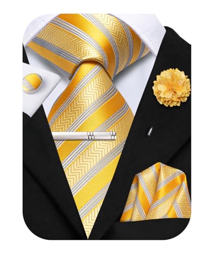 Image of Hi-Tie Yellow Striped Tie Mens Sets Silk Woven Necktie and Pocket Square Lapel Pin Silver Tie Clip Cufflinks Set Wedding Business 6PCS