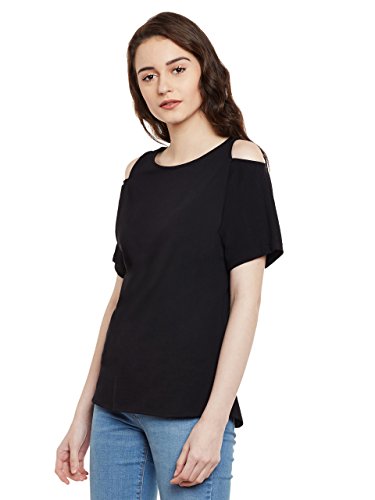 Image of Miss Chase Women's Black Cold Shoulder Round Neck Short Sleeved Solid Top