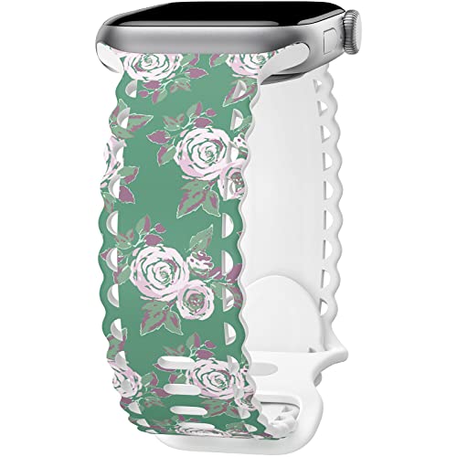 Image of Compatible with Apple Watch Band 41mm 40mm 38mm 49mm 45mm 44mm 42mm Women Girl, Rose Floral Print Lace Hollow-out Soft Silicone Sport Bands For iWatch Ultra SE Series 10 9 8 7 6 5 4 3 2, RoG-42