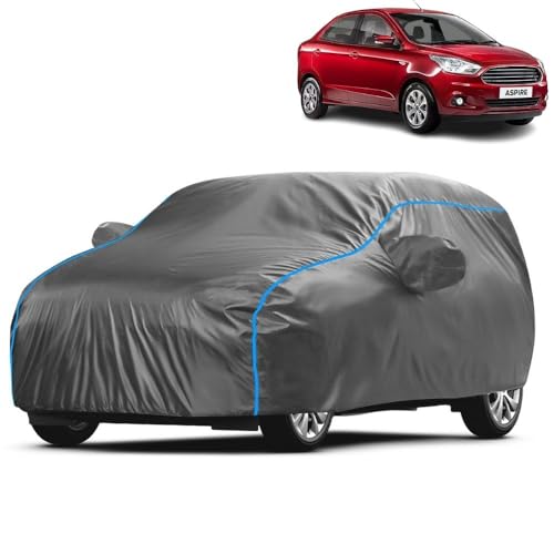 Image of Kerwa Car Body Cover Waterproof with Ford Figo Aspire, Dust & UV Resistant All-Weather Proof Full Body Cover, Grey with Blue Lining, Triple Stitched Elastic Bottom with Mirror Pocket
