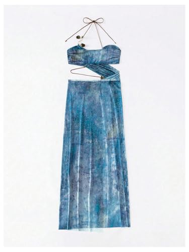 MakeMeChic Women's Halter Mesh Sheer Ruched Asymmetrical Swimsuit Coverup Beach Dress4