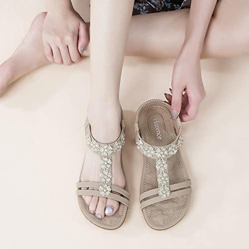 Image of HARENCE Summer Flat Sandals for Women: Comfortable Bohemian Beaded Flats Shoes Elastic Ankle Strap Casual Walking Slip On Dress Sandal