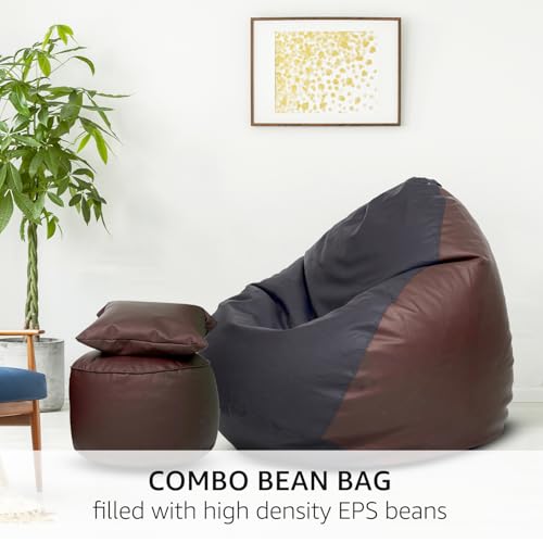 Image of Amazon Brand - Solimo 5XL Premium Faux Leather Bean Bag with Footstool & Cushion Combo for Living Room | Bean Bag Filled with Beans | Capacity Upto 6'7 inch Height & 130 Kg Weight | (Black & Brown)