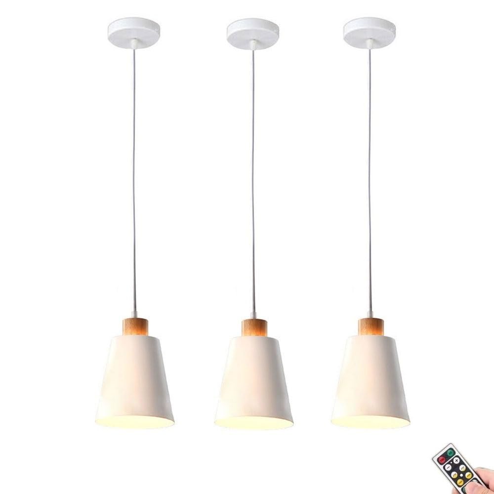 KEFA Modern Not Hardwired Battery Operated Pendant Light with Remote & Blub, USB Rechargeable Kitchen Island Pendant Light/Ceiling Hanging Lighting, White Chandelier for Living Room Dining Table Bed