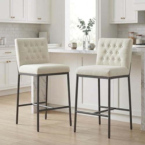 Image of CHITA Modern Bar Stools with Tufted Back Set of 2, 26 inch Counter Height Bar Stool with Metal Legs for Kitchen Island & Dining Room, Ivory Fabric, Black Frame