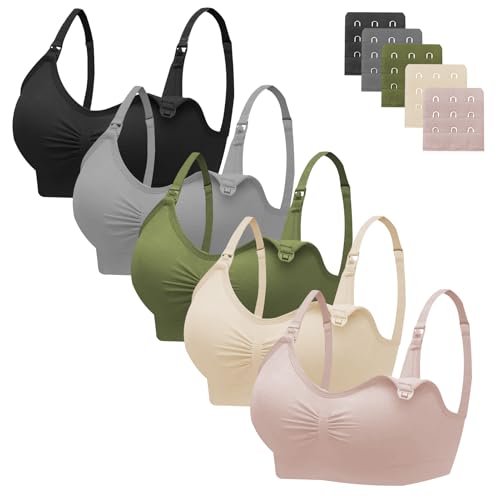 Image of Angelhood Nursing Bra 5 Pack Womens Maternity Breastfeeding Seamless Wireless Sleep Bra with Extenders