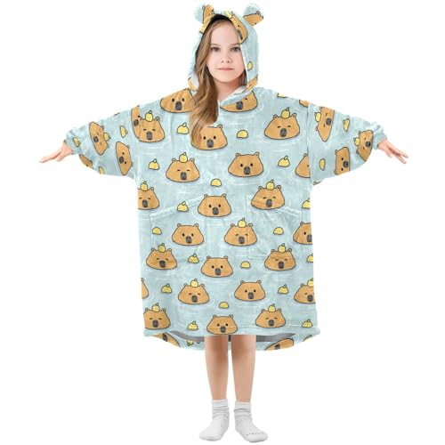 JHKKU Hoodie Blankets Sweatshirt Cute Capybara Lemon for Kids Warm Wearable Blanket with Pocket, Soft Comfortable Flannel Hoodie Blankets, Gifts for Girls Boys 3-14YR S