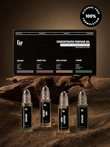 Image of EM5 Set of 4 Pure Perfume Oil (Attar) Roll-On Masculine Set - FDA Approved, Skin Safe, IFRA Compliant | Alcohol Free & Travel Friendly | Nomade, Woody Oud, Omb Leather & Afgano | Strong & Long Lasting Roll On Perfume | Luxury Gift For Men | 3ml x 4