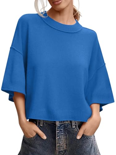 Image of Women's Short Sleeve Cropped Sweaters 2025 Summer Oversized Loose Fit Drop Shoulder Casual Sweater Tops