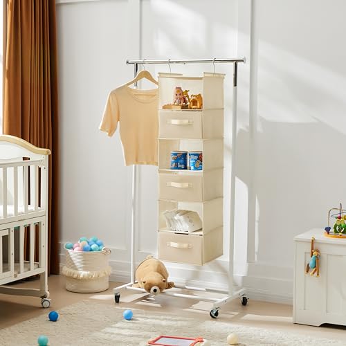 Image of MAX Houser 6 Tier Shelf Hanging Closet Organizer, Closet Hanging Shelf with 2 Sturdy Hooks for Storage, Foldable (Beige-D3)