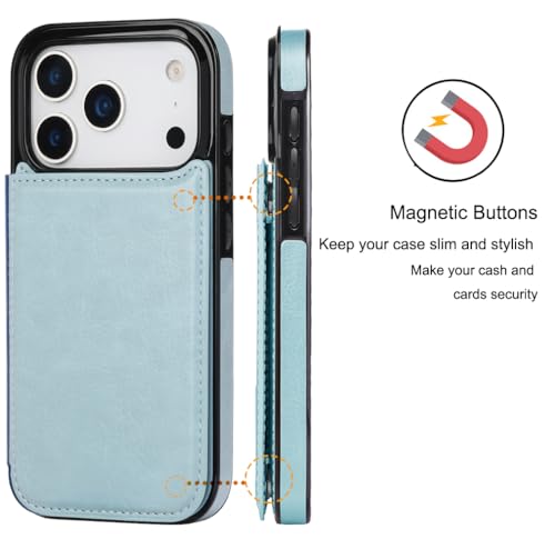 Housse cuir PU iPhone 17 Pro Max bleu glacier look premium et rangement carte RFID