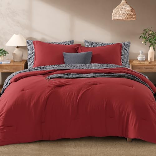 Image of Monbix Full Size Comforter Sets-7 Pieces Soft Bed in a Bag Full Bedding Set | All Season Red Prewashed Comforter Bed Set with Striped Sheets, Pillowcases & Shams