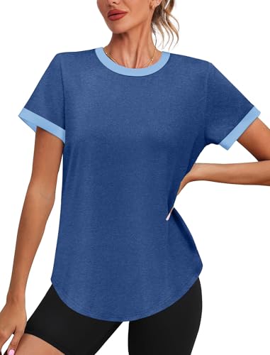 Image of Womens Workout Tops Summer Short Sleeve Shirts Athletic Color Block Gym Clothes Outfits Sun Protection UPF 50+ T Shirts