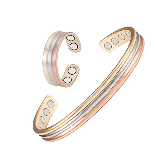 Bracelets en cuivre avec 8 aimants et bague trio de métaux pour le bien-être au quotidien