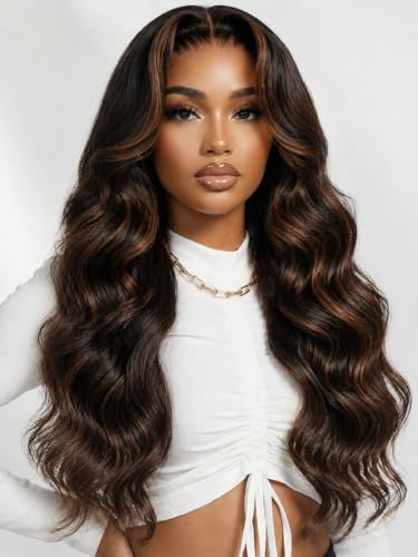 Image of KLAIYI Bye Bye Slip Golden Brown Highlight Body Wave Glueless Precut 7x5 Lace Front Wigs Human Hair Drawstring Pre Plucked Bleached Knots Ombre 3S Ready to Wear and Go Wig with Dark Roots 180% 18Inch