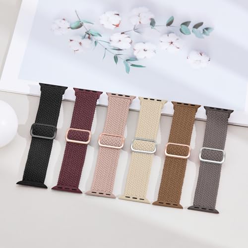 Image of 6 Pack Braided Stretchy Bands Compatible with Apple Watch Band 38mm 40mm 41mm 42mm 44mm 45mm 46mm 49mm Women Men, Adjustable Nylon Solo Loop Elastic Straps for iWatch Series 11 10 9 8 7 6 5 4 SE Ultra