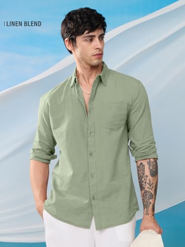 Image of The Souled Store Solids : Ecru Beige Men and Boys Collared Neck Long Sleeve Button Front Regular Fit Cotton Linen Shirt
