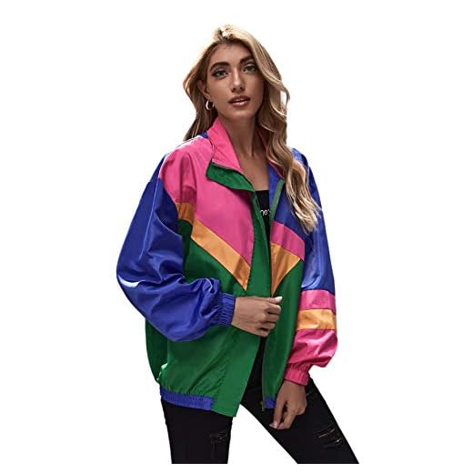 SweatyRocks Women's Zip Up Color Block Lightweight Jacket Patchwork Sport Windbreaker Jacket Coat Outerwear Multicolored L
