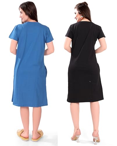 Image of Printed Knee Length Pocket Night Dresses for Women | Cat Lover | Premium Soft Cotton Nighty | Blue and Maroon
