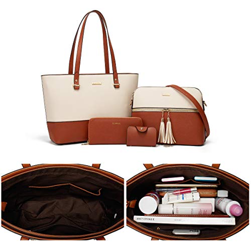 Lovematch Damen-Handtaschenset aus Kunstleder, mit Tragegriff, 4-teilig, Beige+Braun, Large