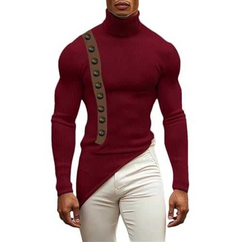 Men's High Neck Button Design Irregular Hem Knitted Sweater Color Blocked Casual Slim Fit Pullover Sweater