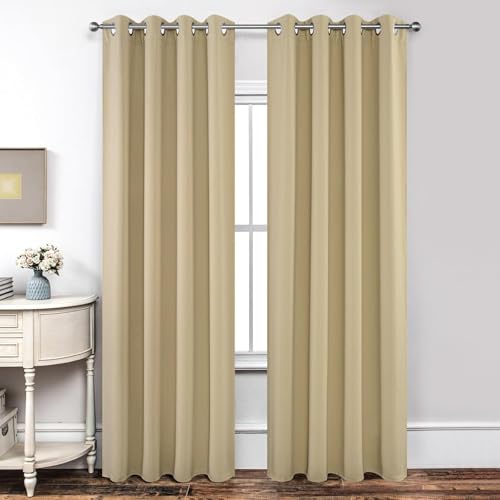 Image of Joydeco Blackout Curtains for Bedroom 55 x 96 Inch, Eyelet Thermal Insulated Energy-saving Drapes for Room Darkening Light Filtering, Long Window Treatments 96 Inch Drop, 2 Panels - Beige